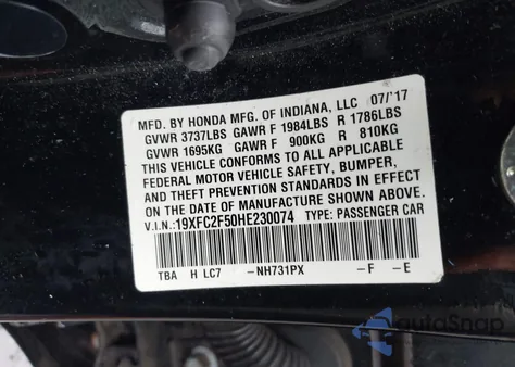 2017 Honda Civic Lx from USA, damaged, VIN 19XFC2F50HE230074